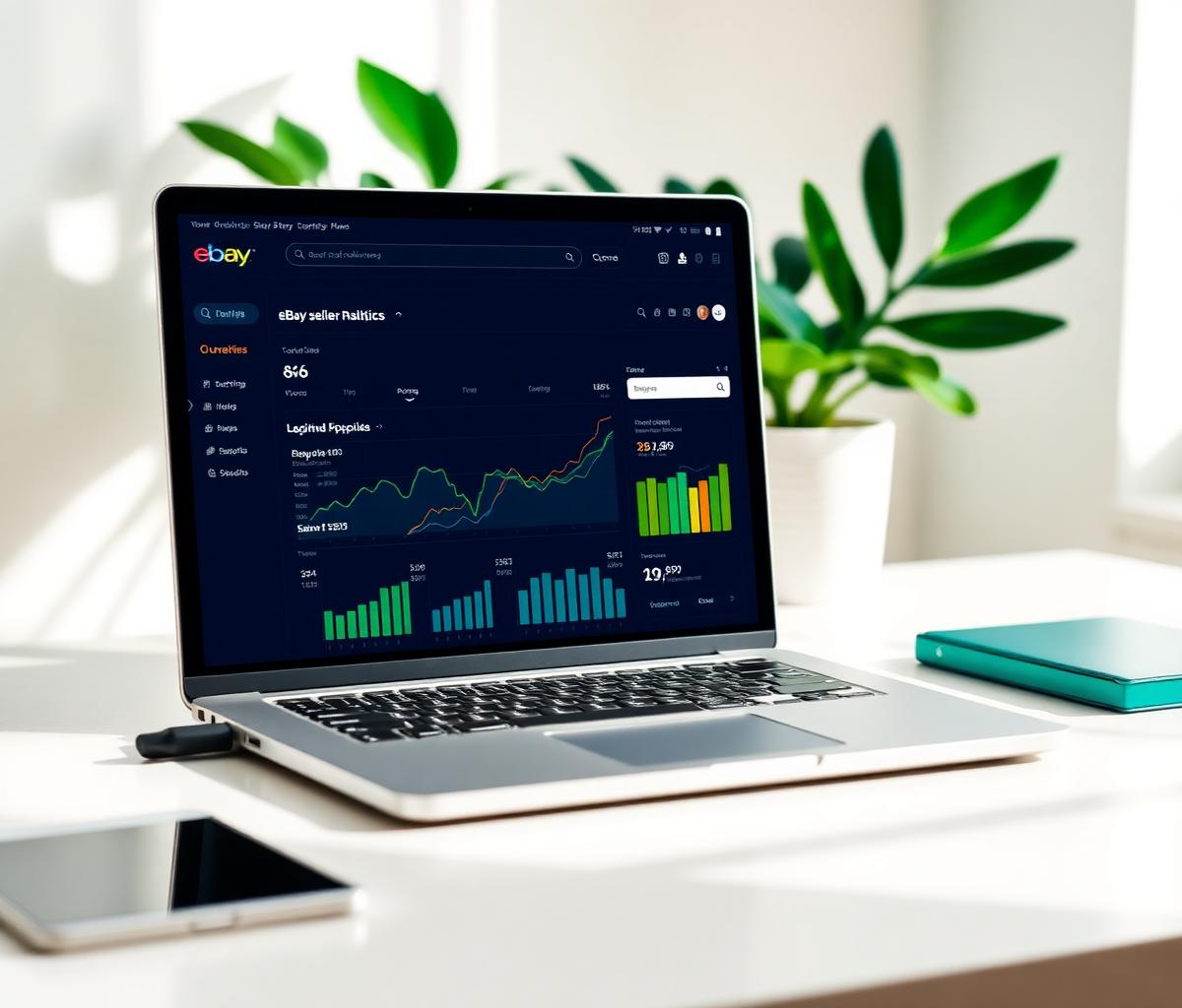 Professional eBay seller dashboard showing growth charts